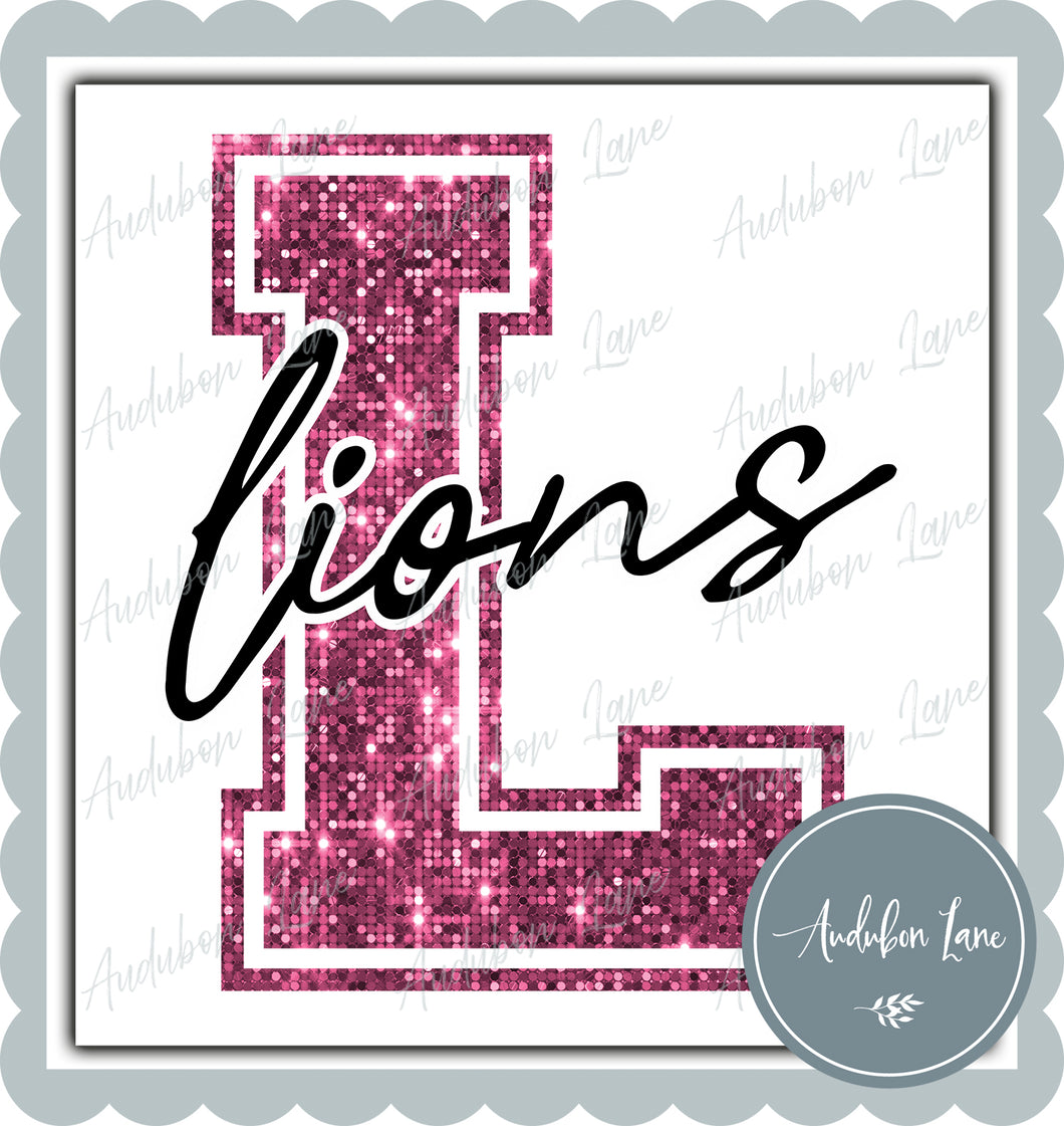 Lions Breast Cancer Awareness Faux Pink Sequin Mascot Letter Ready to Press DTF Transfer Customs Available On Request