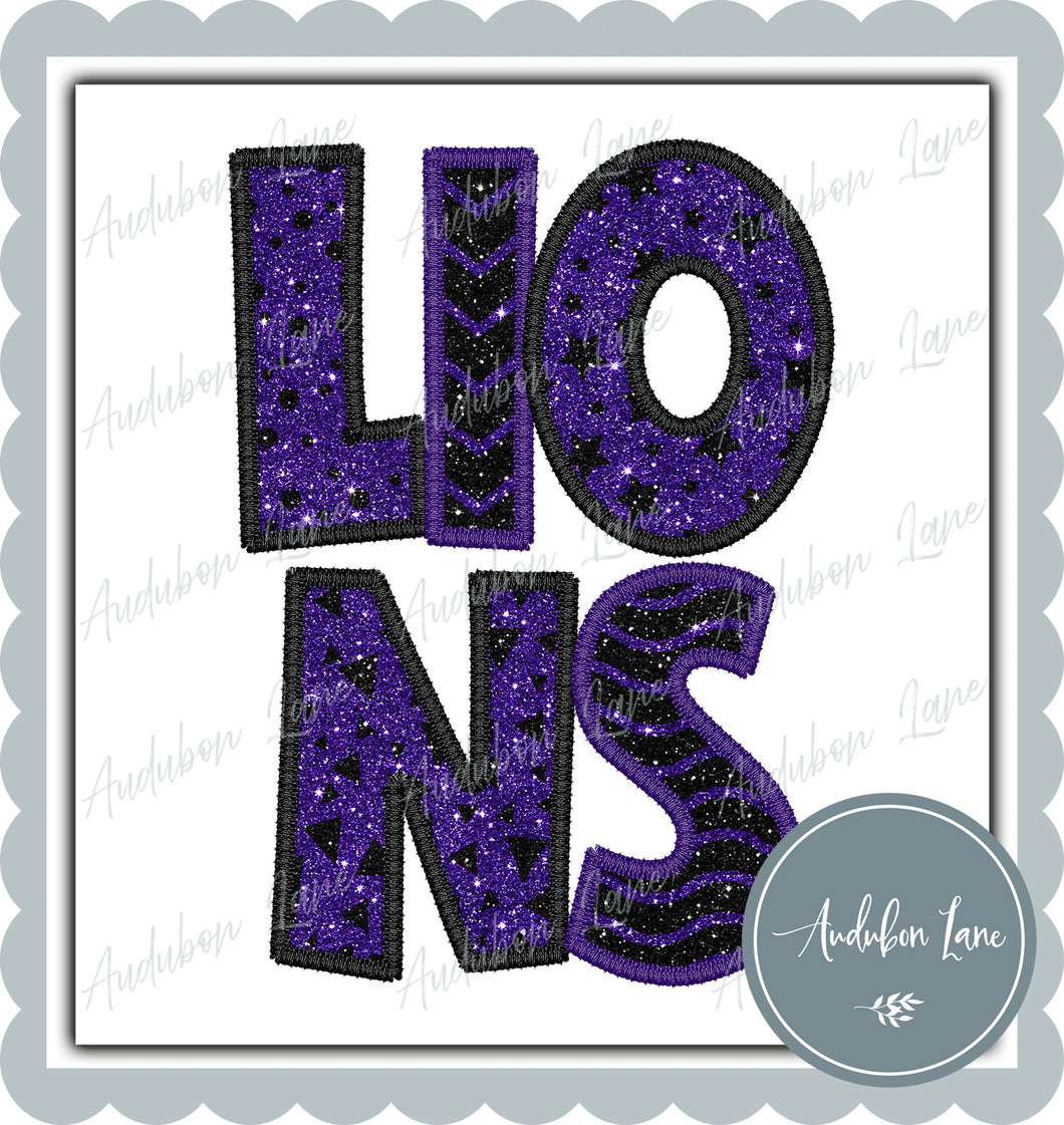Lions Stacked Faux Glitter and Embroidery Purple and Black Shapes Ready To Press DTF Transfer Custom Colors Available On Request