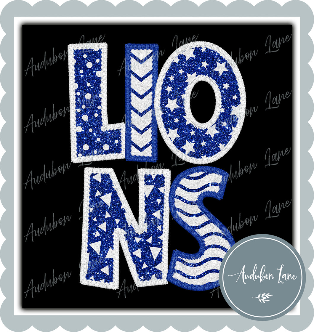 Lions Stacked Faux Glitter and Embroidery Royal Blue and White Shapes Ready To Press DTF Transfer Custom Colors Available On Request