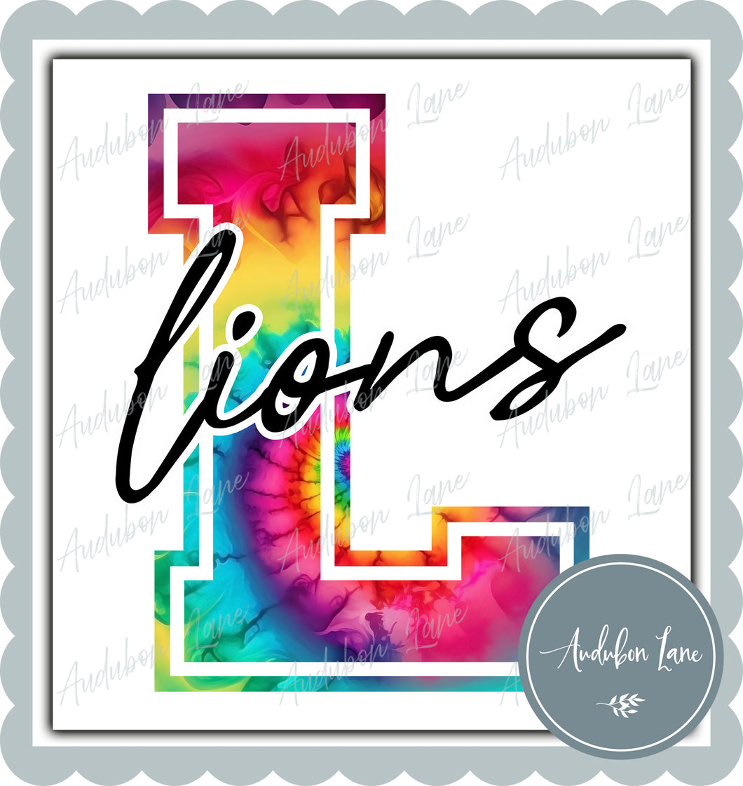 Lions Rainbow Tie Dye Mascot Letter Ready to Press DTF Transfer Customs Available On Request