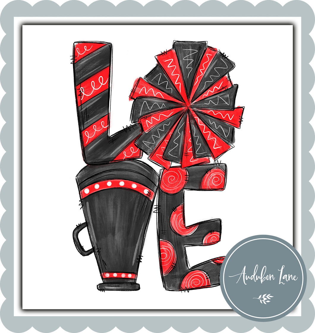 Love Cheer Red and Black Megaphone and Pom Pom