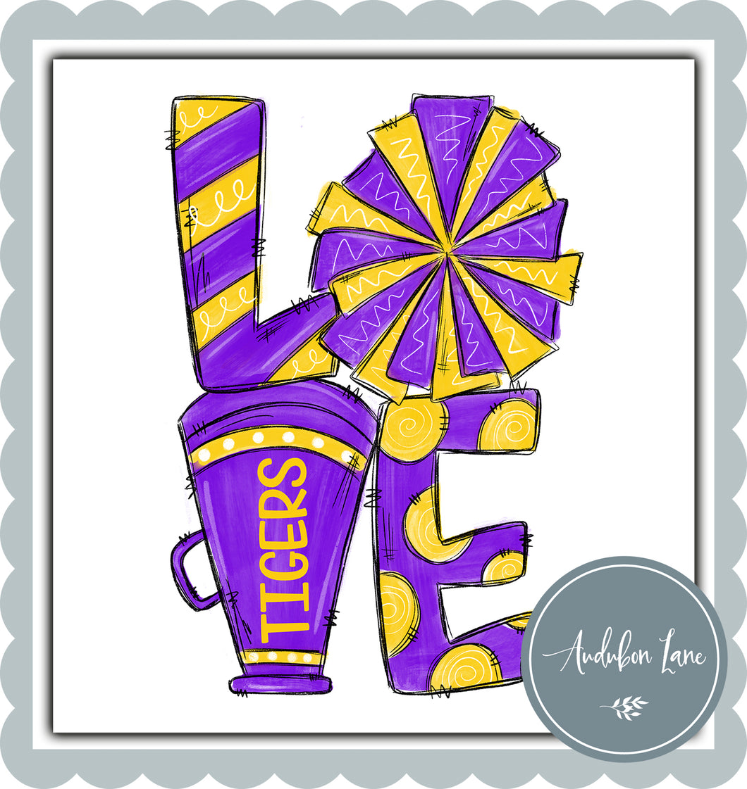 Love Cheer Tigers Purple and Gold Megaphone and Pom Poms