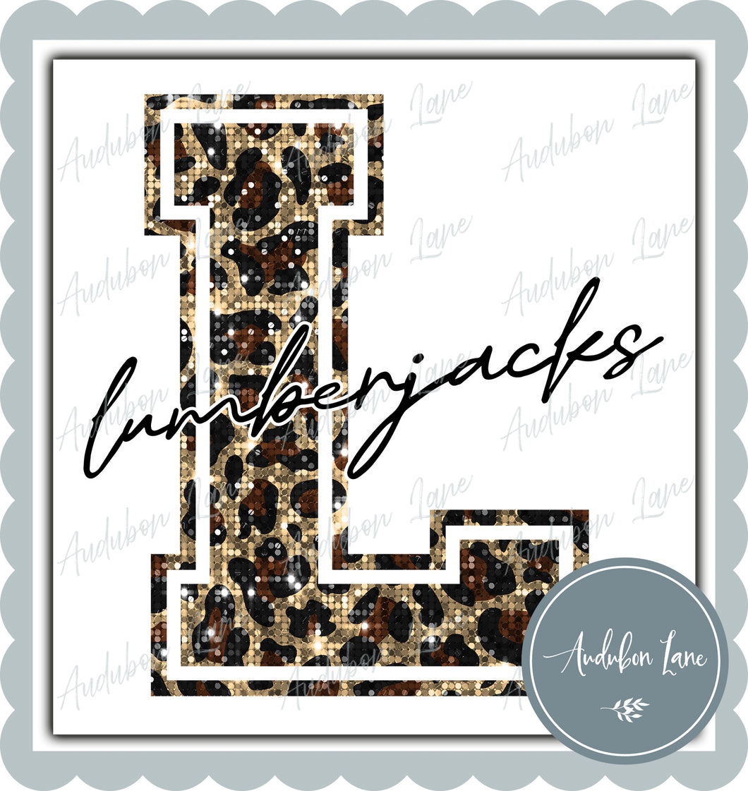 Lumberjacks Sequin Leopard Mascot Letter Ready to Press DTF Transfer Customs Available On Request