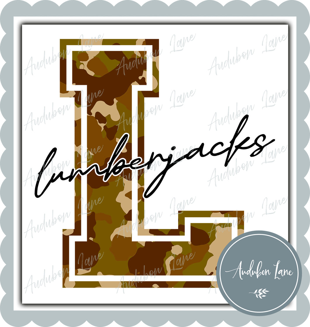 Lumberjacks Old School Camo Mascot Letter Ready to Press DTF Transfer Customs Available On Request