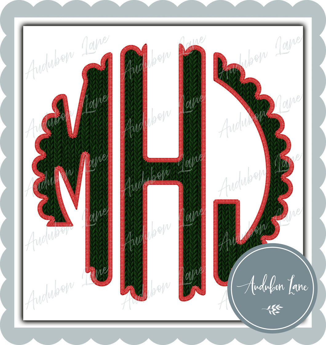 MHJ Green Faux Knit And Red Embroidery Scalloped Initials Print Ready To Press DTF Transfer Customs Available