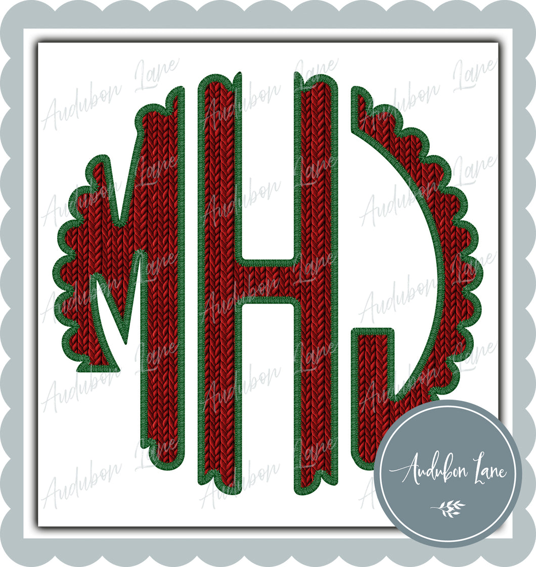 MHJ Red Faux Knit And Green Embroidery Scalloped Initials Print Ready To Press DTF Transfer Customs Available