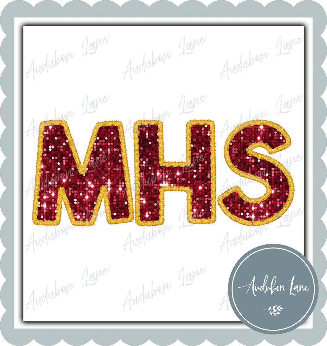 MHS Straight Across Faux Maroon Sequin and Yellow Gold Embroidery Ready To Press DTF Transfer Custom Colors Available On Request