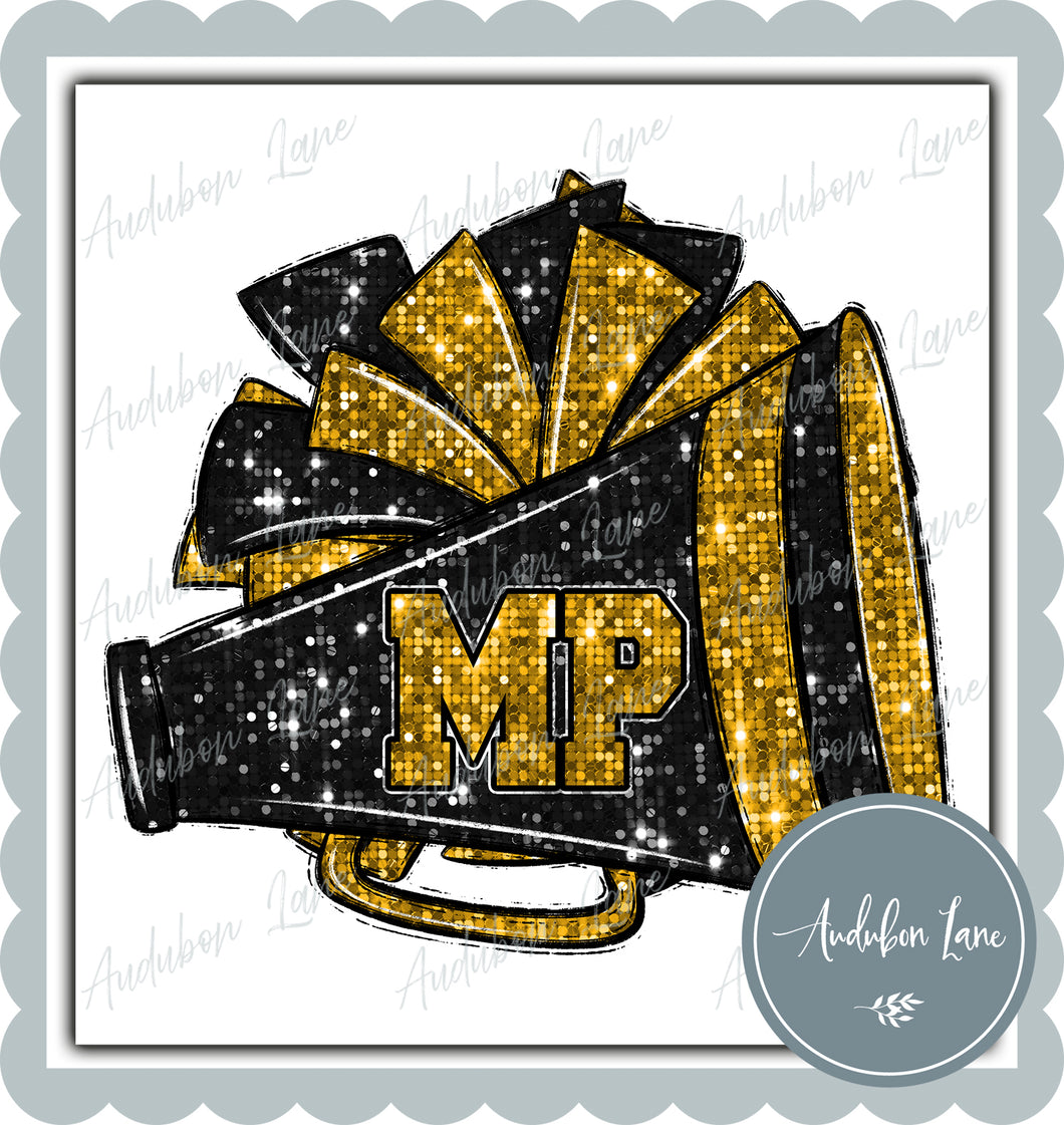 MP Black and Gold Faux Sequin Megaphone and Pom with Mascot Print Ready To Press DTF Transfer Custom Colors Available On Request