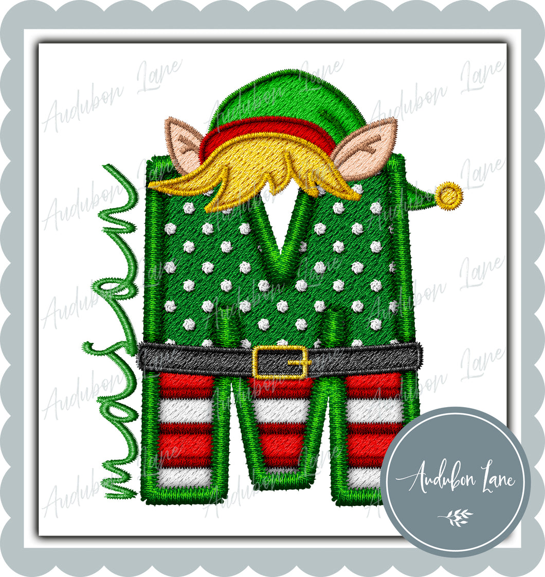 Personalized Christmas Elf Faux Embroidery Initial with Faux Embroidery Script Name Print Ready To Press DTF Transfer Custom Requests Available