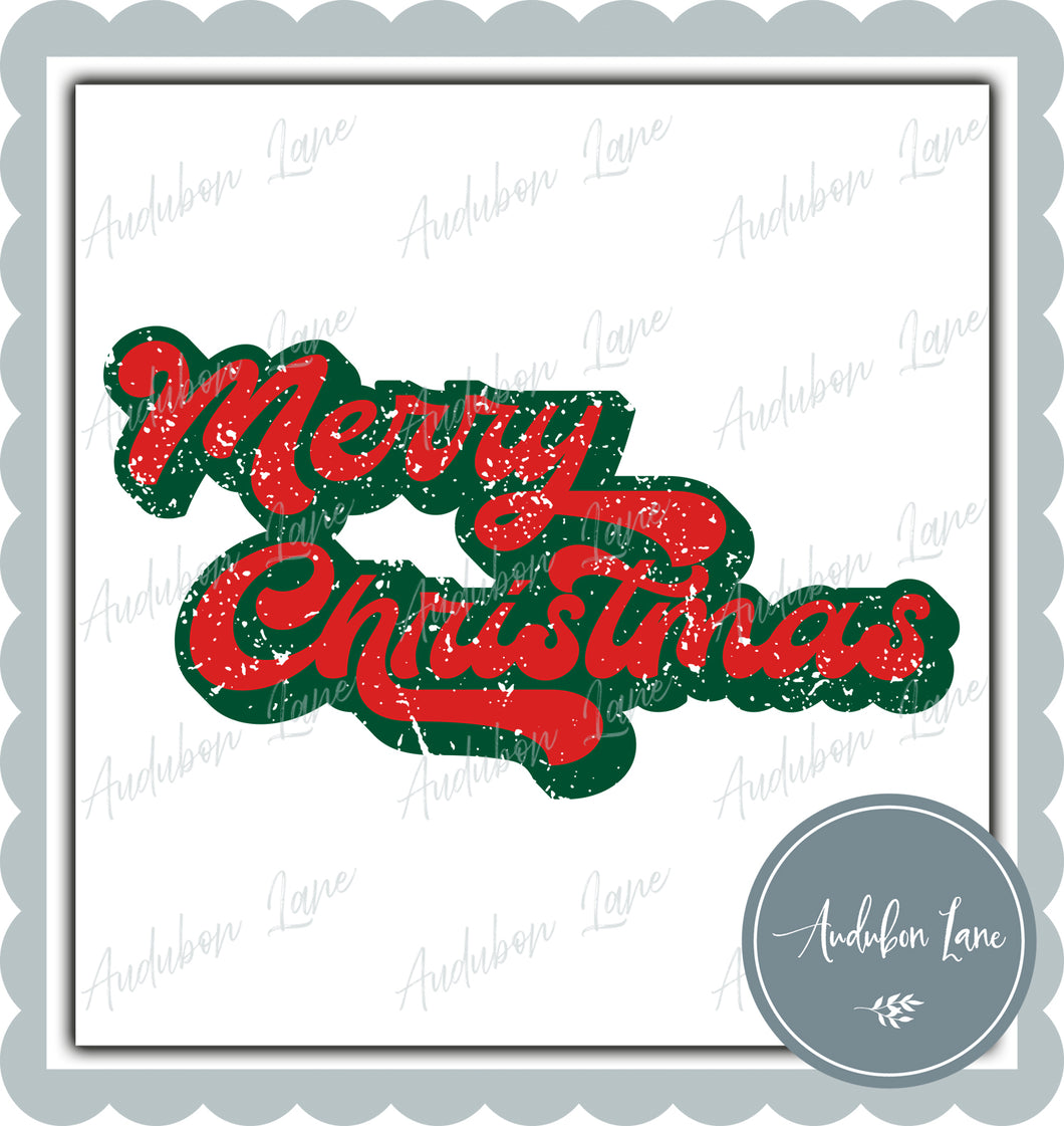 Merry Christmas Retro Distressed Red and Green Print Ready To Press DTF Transfer