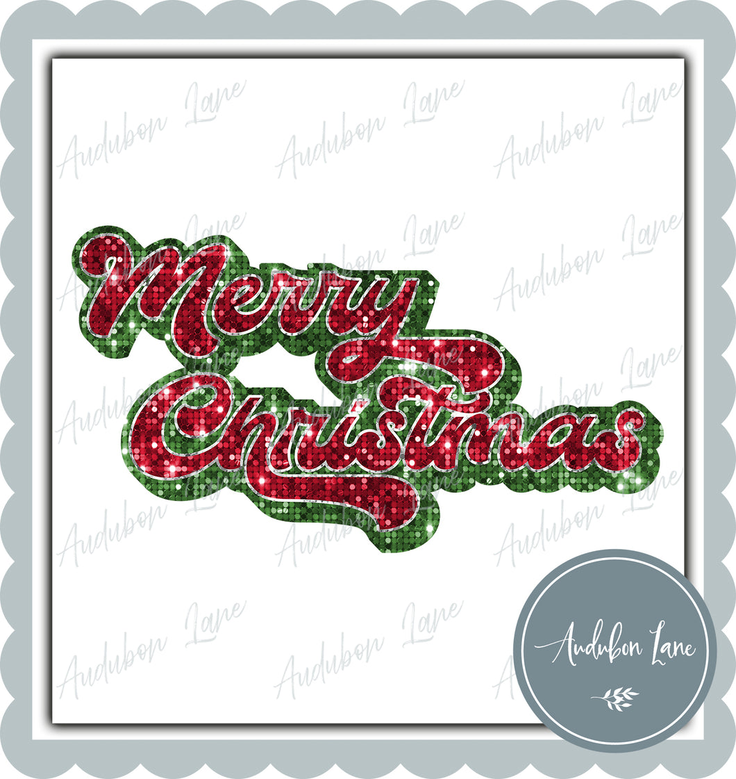 Merry Christmas Retro Red and Green and Silver Faux Sequin Print Ready To Press DTF Transfer