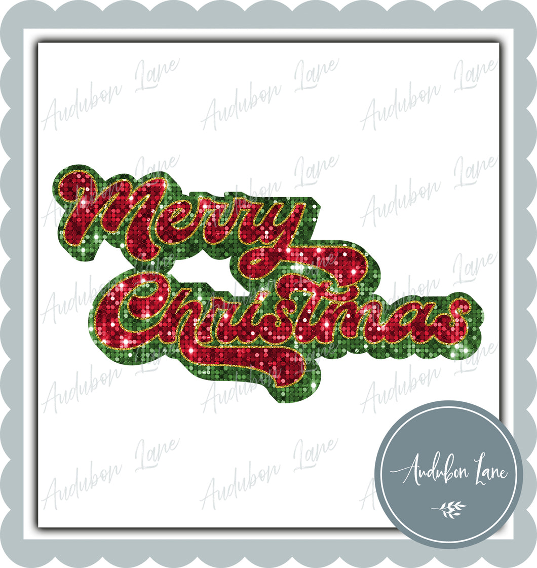 Merry Christmas Retro Red and Green Faux Sequin and Gold Faux Glitter Print Ready To Press DTF Transfer