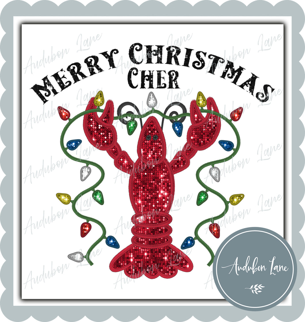 Merry Christmas Cher Crawfish Faux Embroidery and Faux Sequins Print Ready To Press DTF Transfer