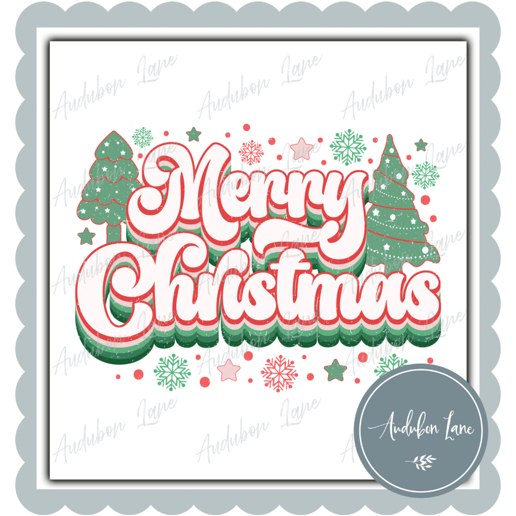 Merry Retro Christmas with Trees Print Ready To Press DTF Transfer