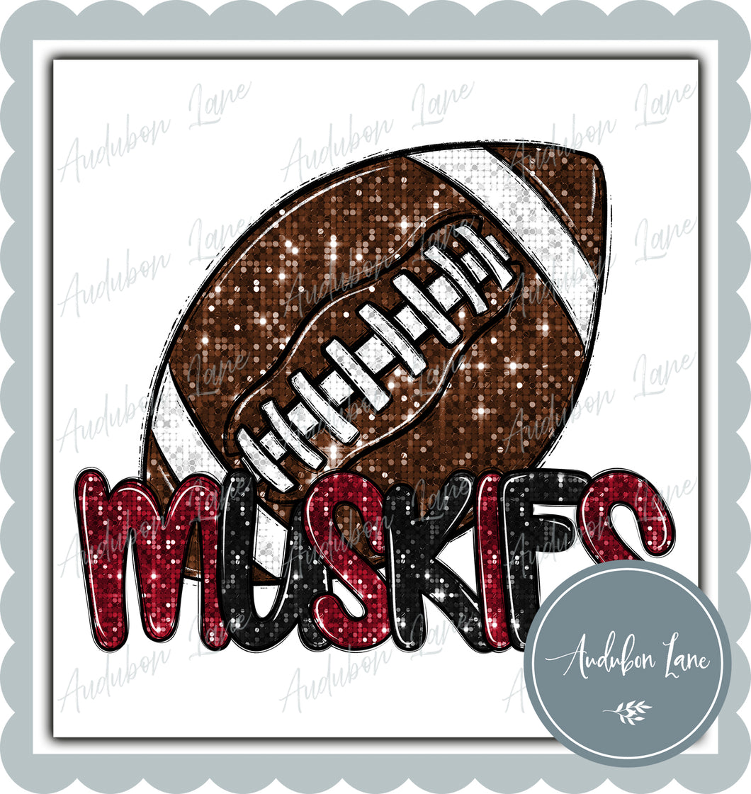 Muskies Maroon and Black Faux Sequin Football with Mascot Print Ready To Press DTF Transfer Custom Colors Available On Request