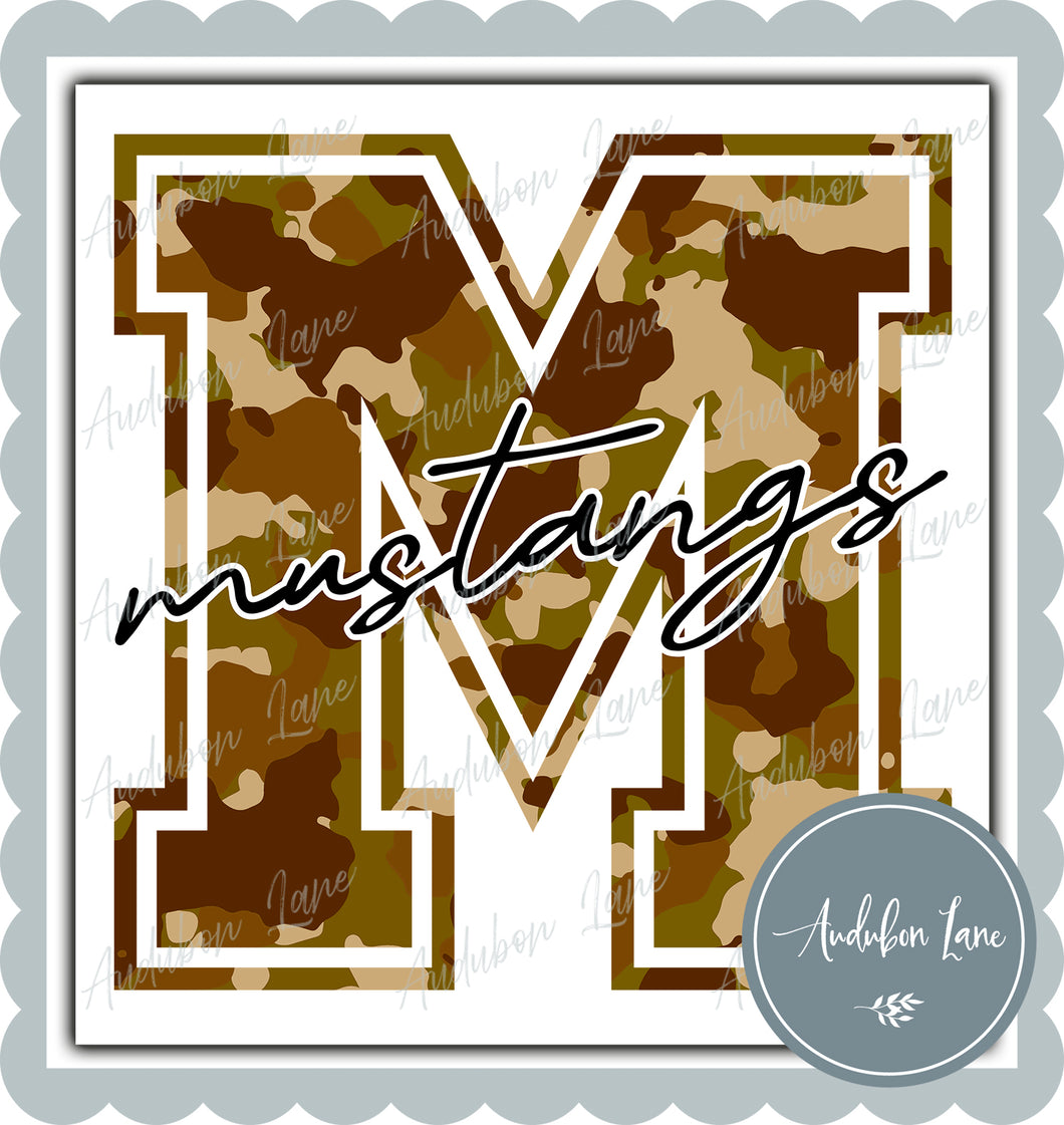 Mustangs Old School Camo Mascot Letter Ready to Press DTF Transfer Customs Available On Request