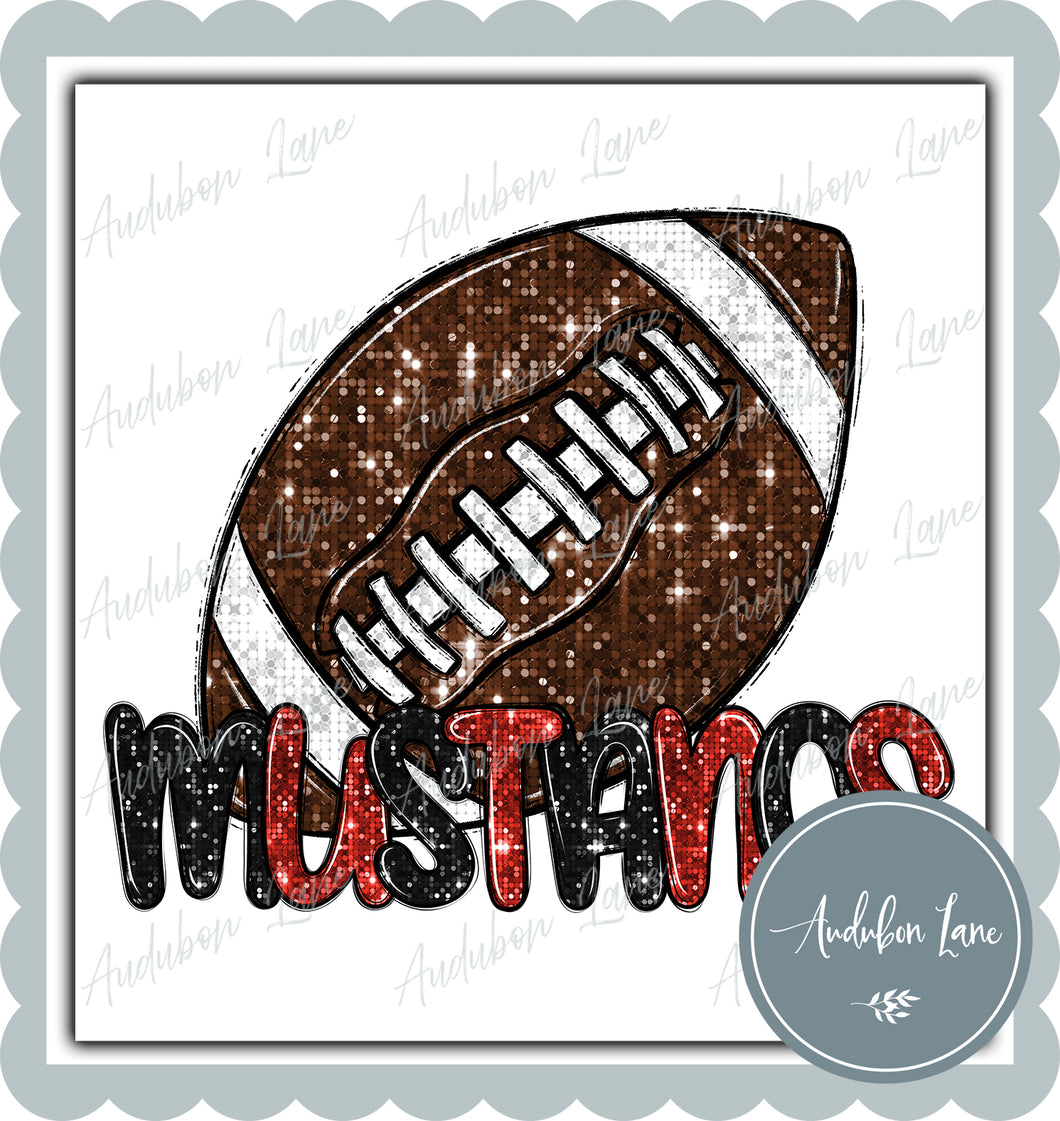 Mustangs Black and Red Faux Sequin Football with Mascot Print Ready To Press DTF Transfer Custom Colors Available On Request