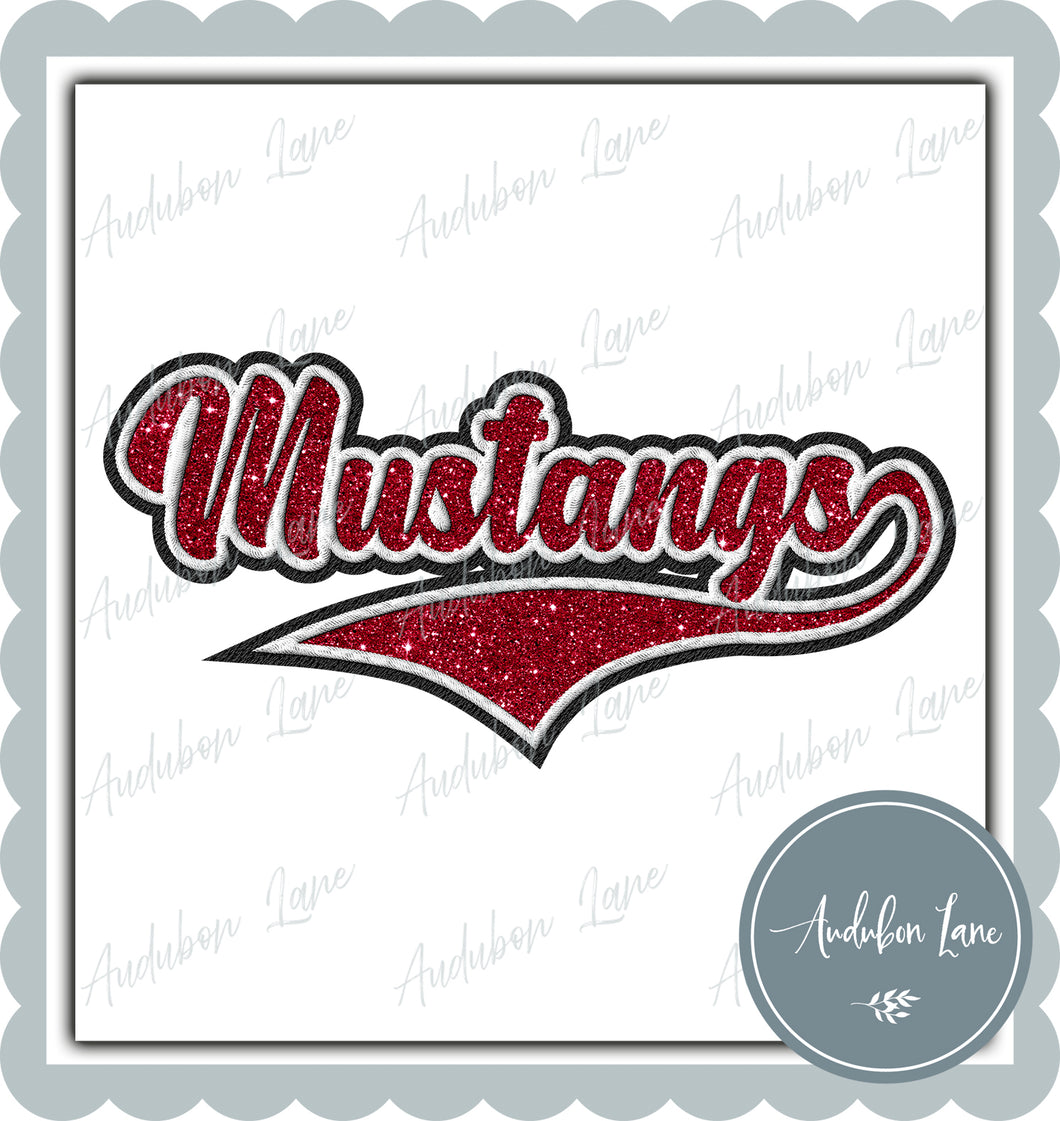Mustangs Full Faux Embroidery Faux Glitter Crimson and White and Black Ready To Press DTF Transfer