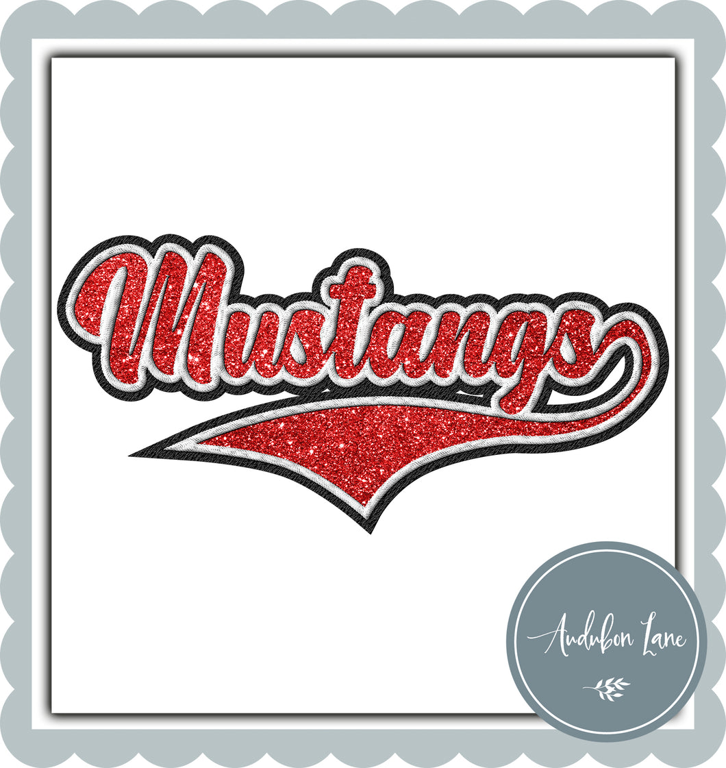 Mustangs Faux Glitter Red and White and Black Embroidery