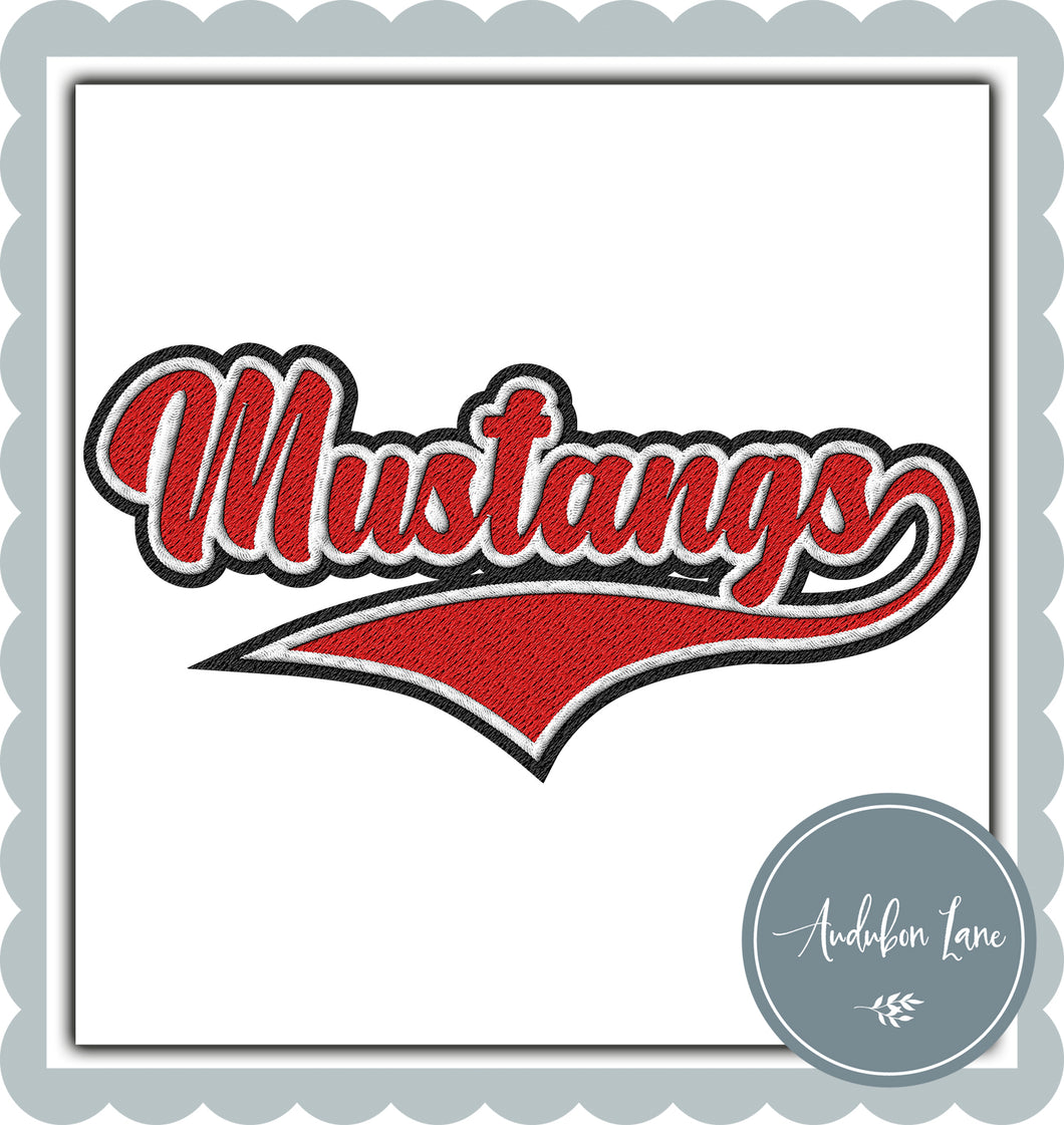 Mustangs Faux Red and White and Black Embroidery