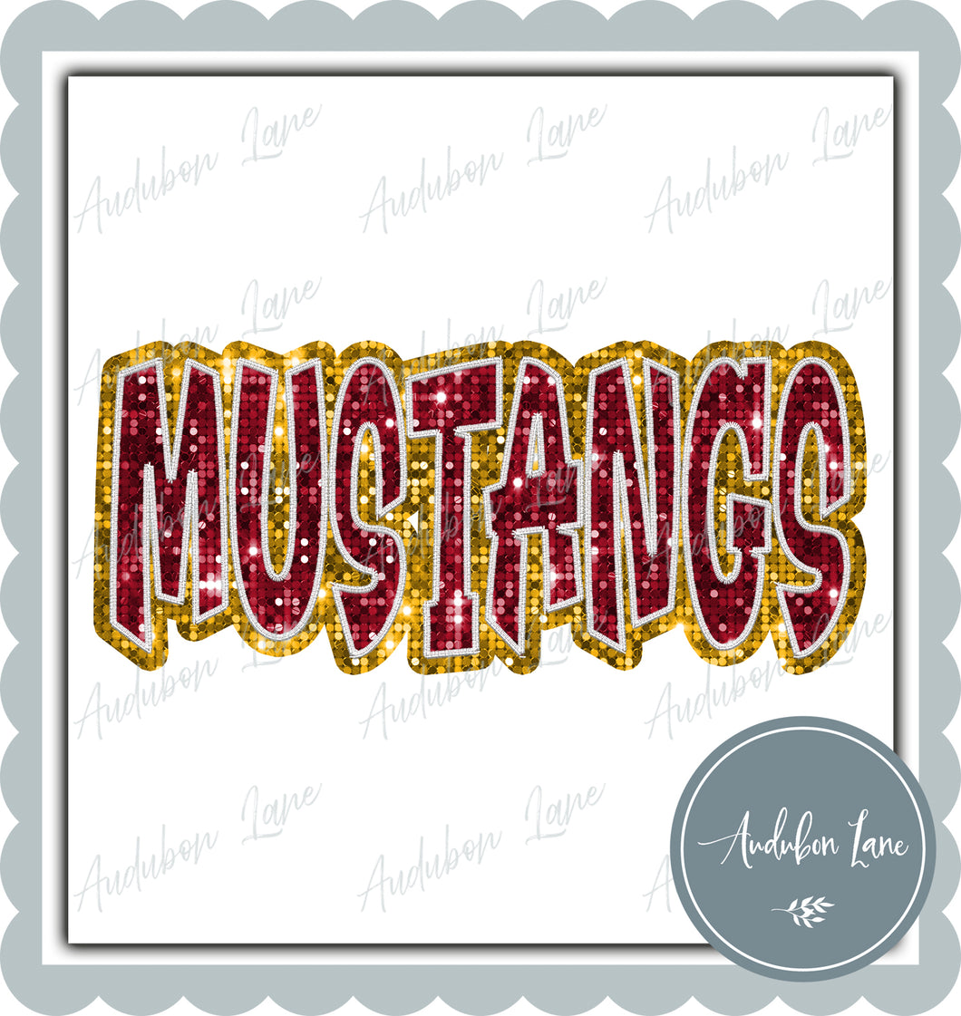 Mustangs Graffiti Style Sequin Maroon and Yellow Gold Mascot Ready to Press DTF Transfer Customs Available On Request