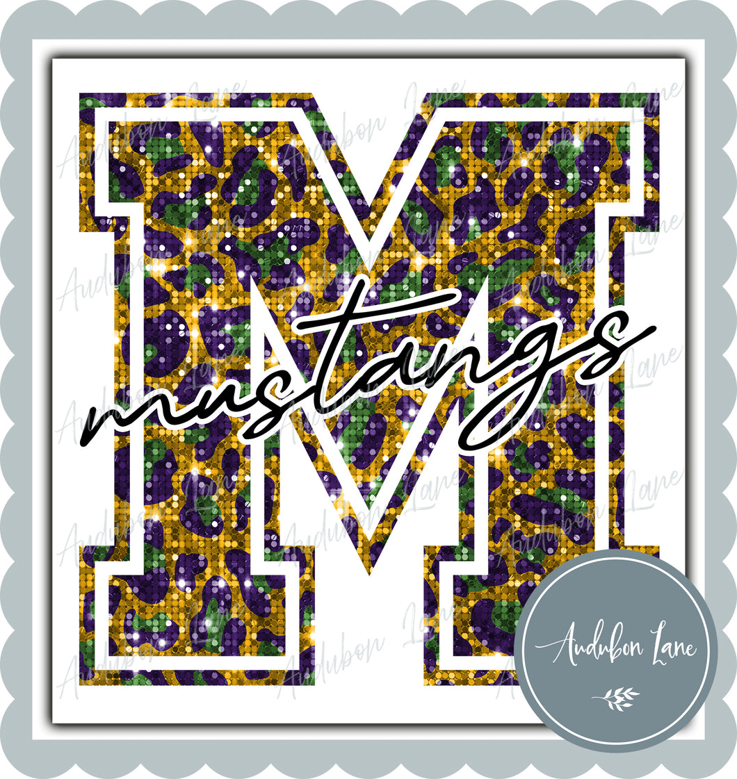 Mustangs Mardi Gras Sequin Leopard Mascot Letter Ready to Press DTF Transfer Customs Available On Request