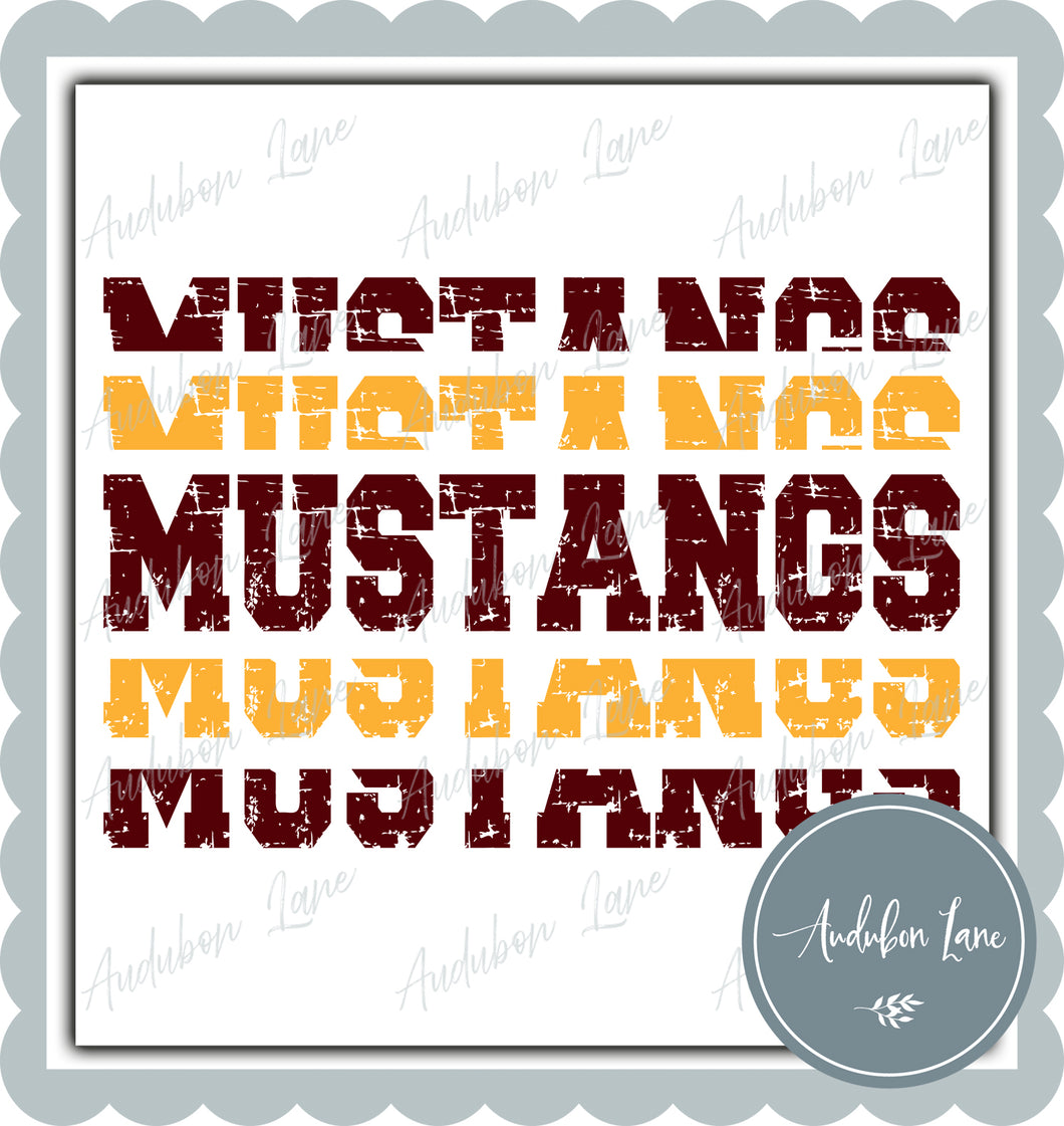 Mustangs Stacked Pro Distressed Two Color Maroon and Yellow Gold Ready To Press DTF Transfer Custom Colors Available On Request