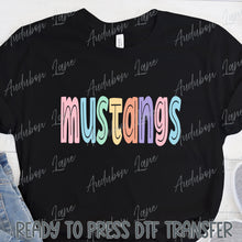 Load image into Gallery viewer, Mustangs Split Letter Pastel Color Mascot Ready To Press DTF Direct To Film Transfer
