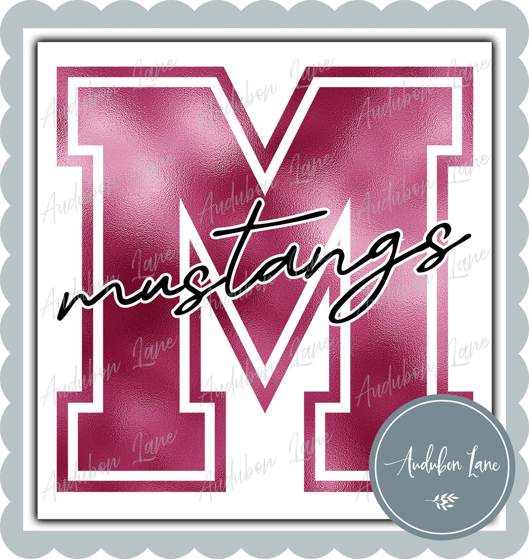 Mustangs Breast Cancer Awareness Faux Metallic Pink Foil Mascot Letter Ready to Press DTF Transfer Customs Available On Request