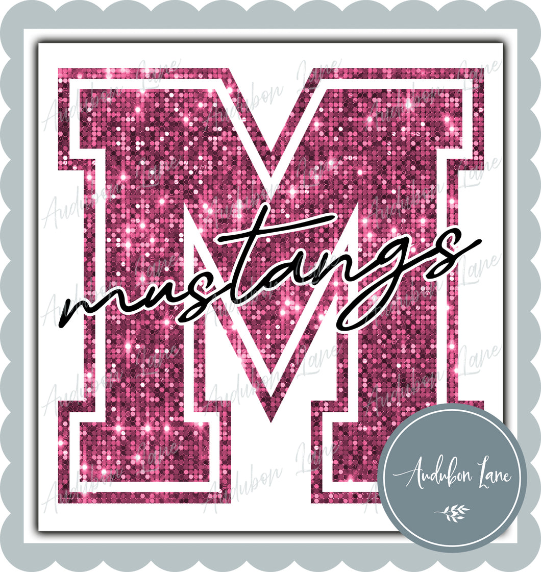 Mustangs Breast Cancer Awareness Faux Pink Sequin Mascot Letter Ready to Press DTF Transfer Customs Available On Request