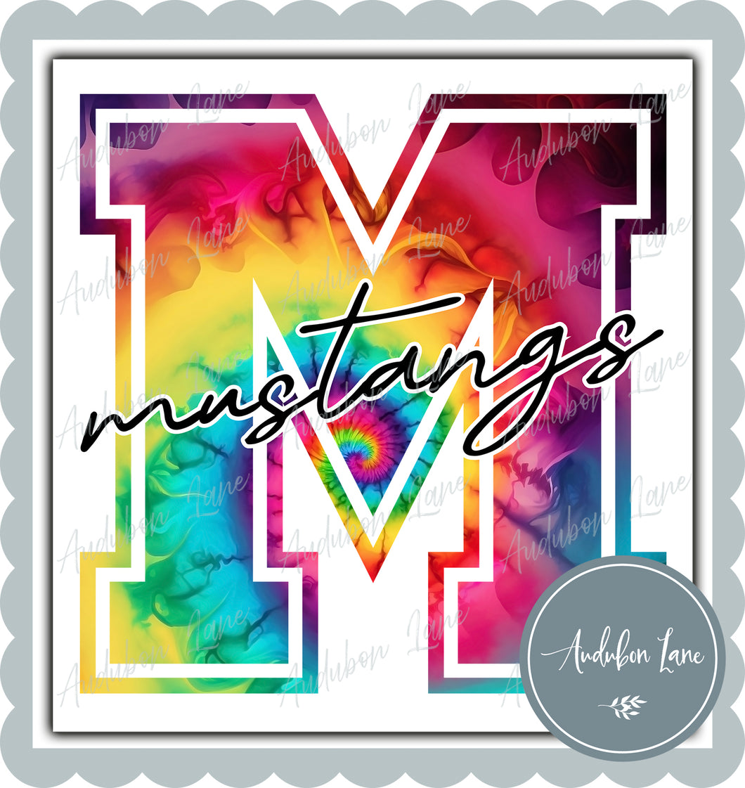 Mustangs Rainbow Tie Dye Mascot Letter Ready to Press DTF Transfer Customs Available On Request