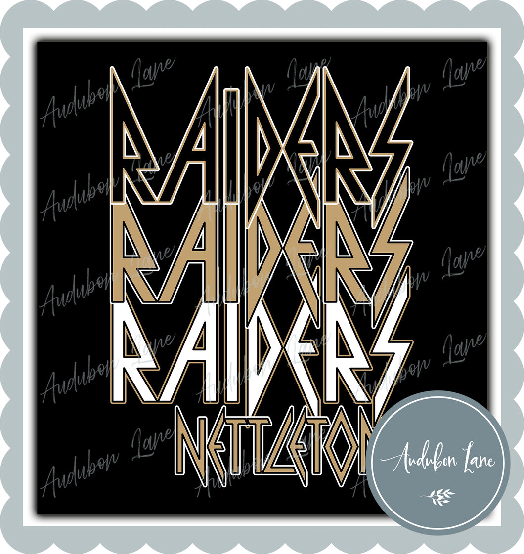 Nettleton Raiders Retro Rocker Style Vegas Gold Black White Mascot Ready to Press DTF Transfer Customs Available On Request
