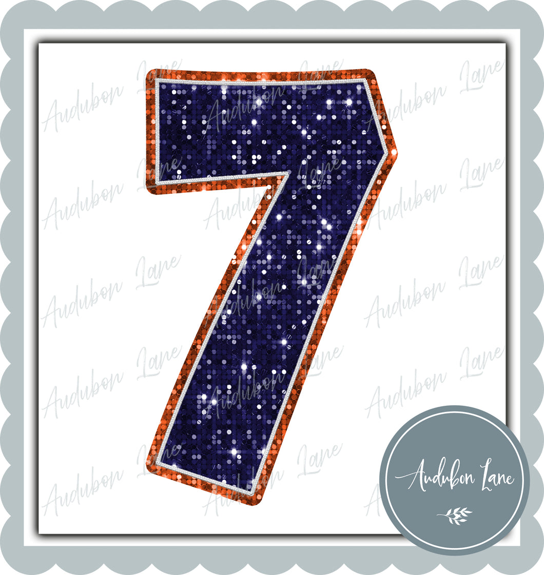 Number Seven Graffiti Style Sequin Navy and Orange Mascot Ready to Press DTF Transfer Customs Available On Request