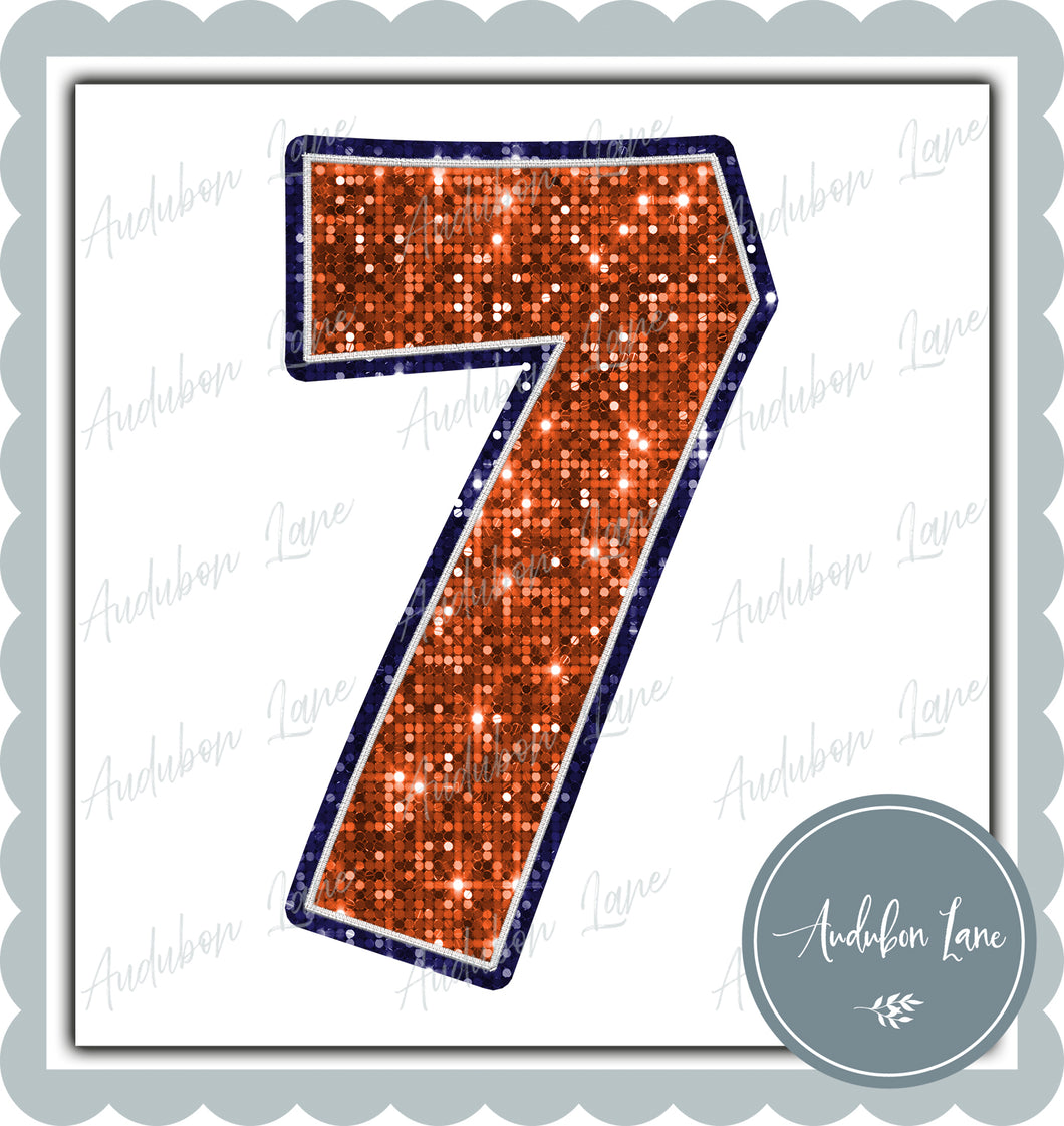 Number Seven Graffiti Style Sequin Orange and Navy Mascot Ready to Press DTF Transfer Customs Available On Request