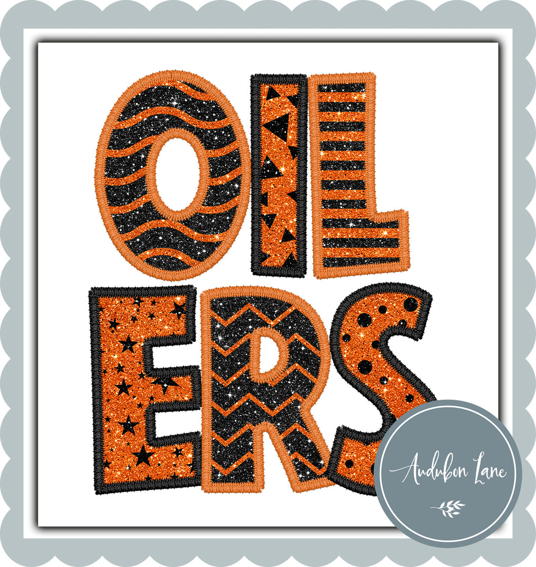 Oilers Stacked Faux Glitter and Embroidery Orange and Black