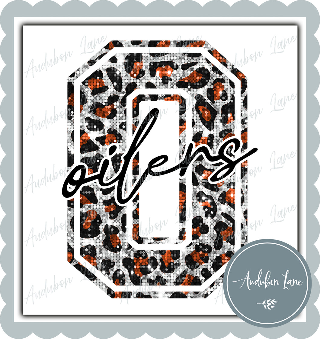 Oilers Orange Sequin Leopard Mascot Letter Ready to Press DTF Transfer Customs Available On Request