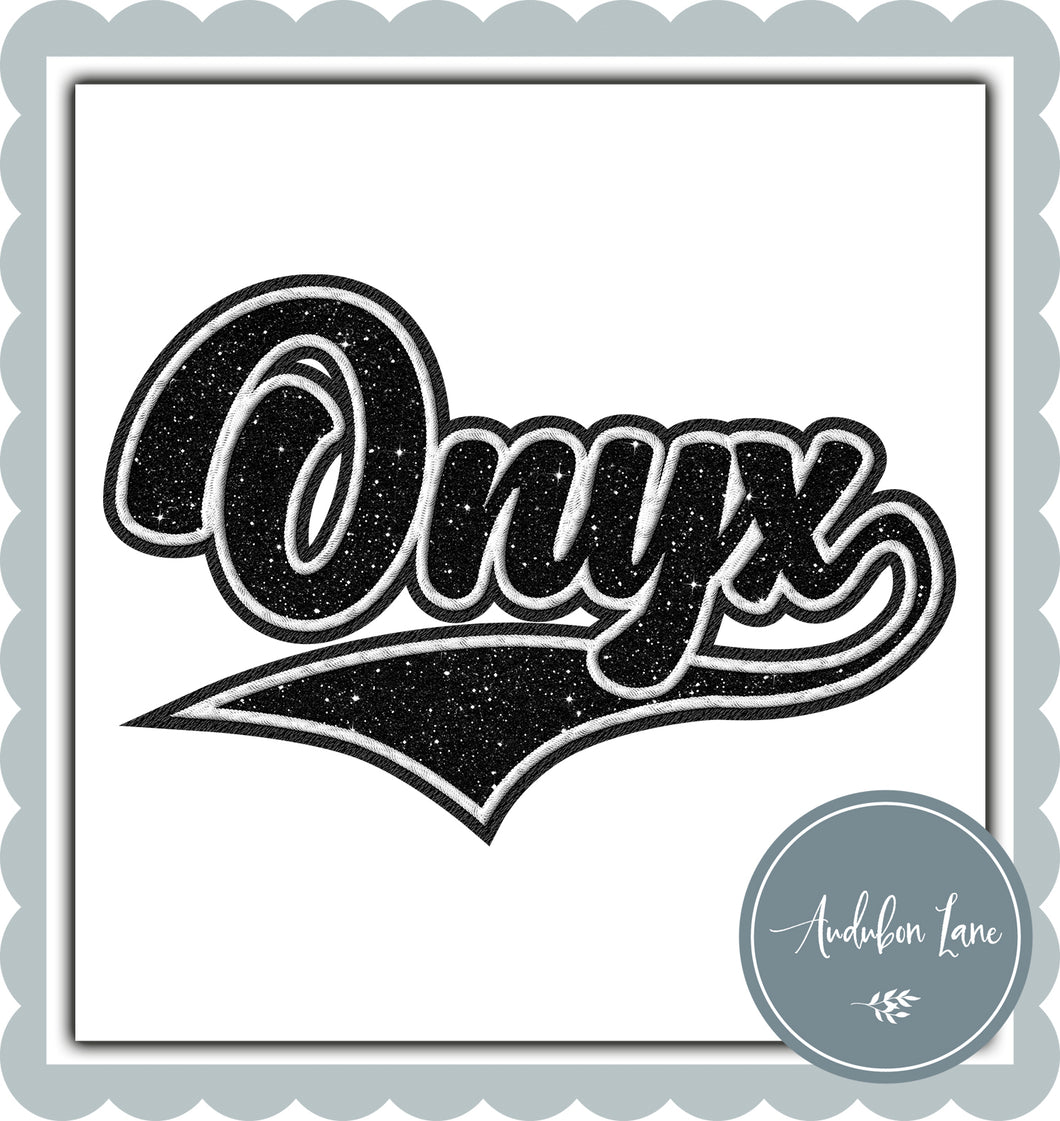 Onyx Faux Embroidery Patch Faux Charcoal Glitter and White and Black Ready To Press DTF Transfer Custom Colors Available On Request