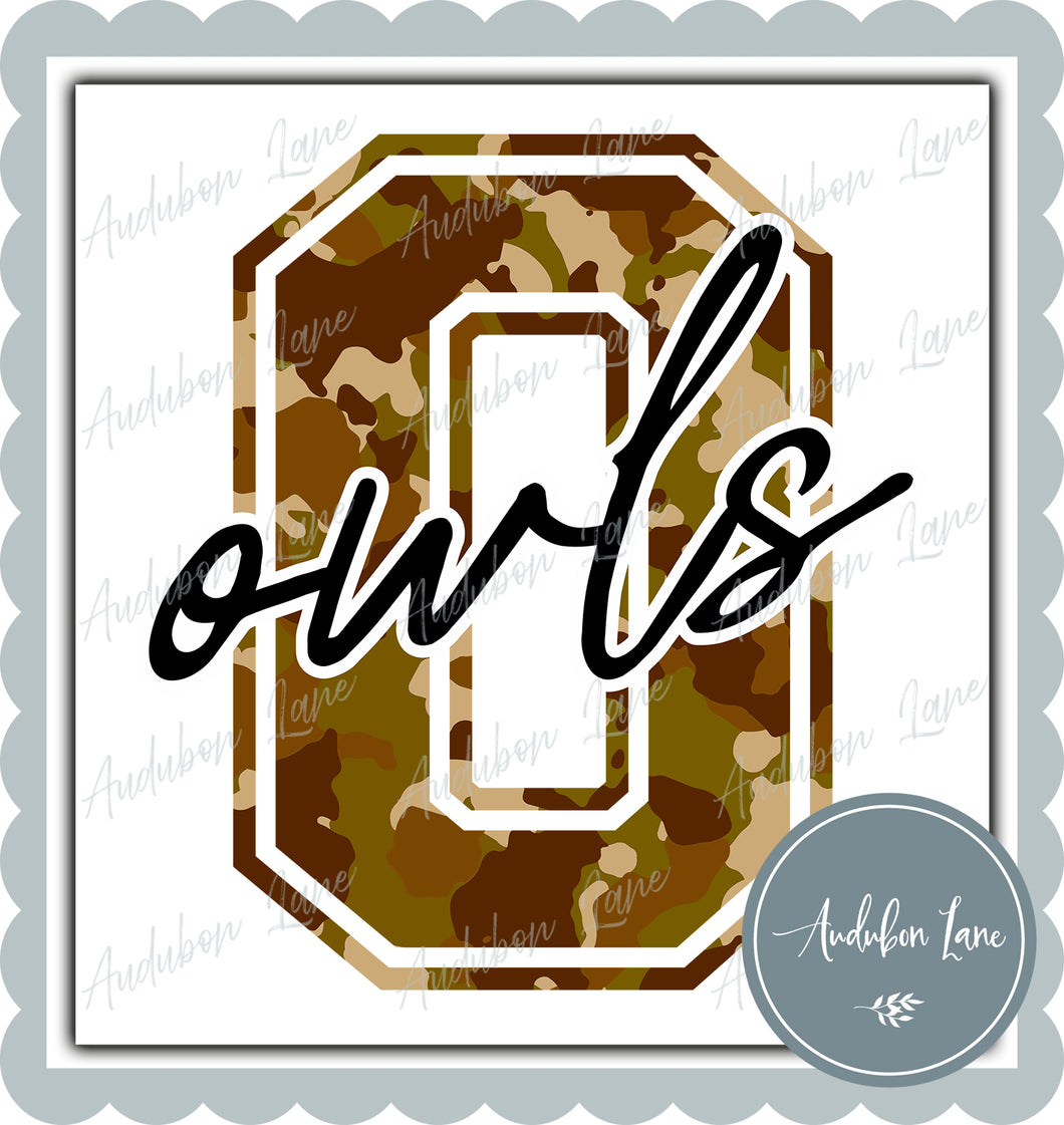 Owls Old School Camo Mascot Letter Ready to Press DTF Transfer Customs Available On Request