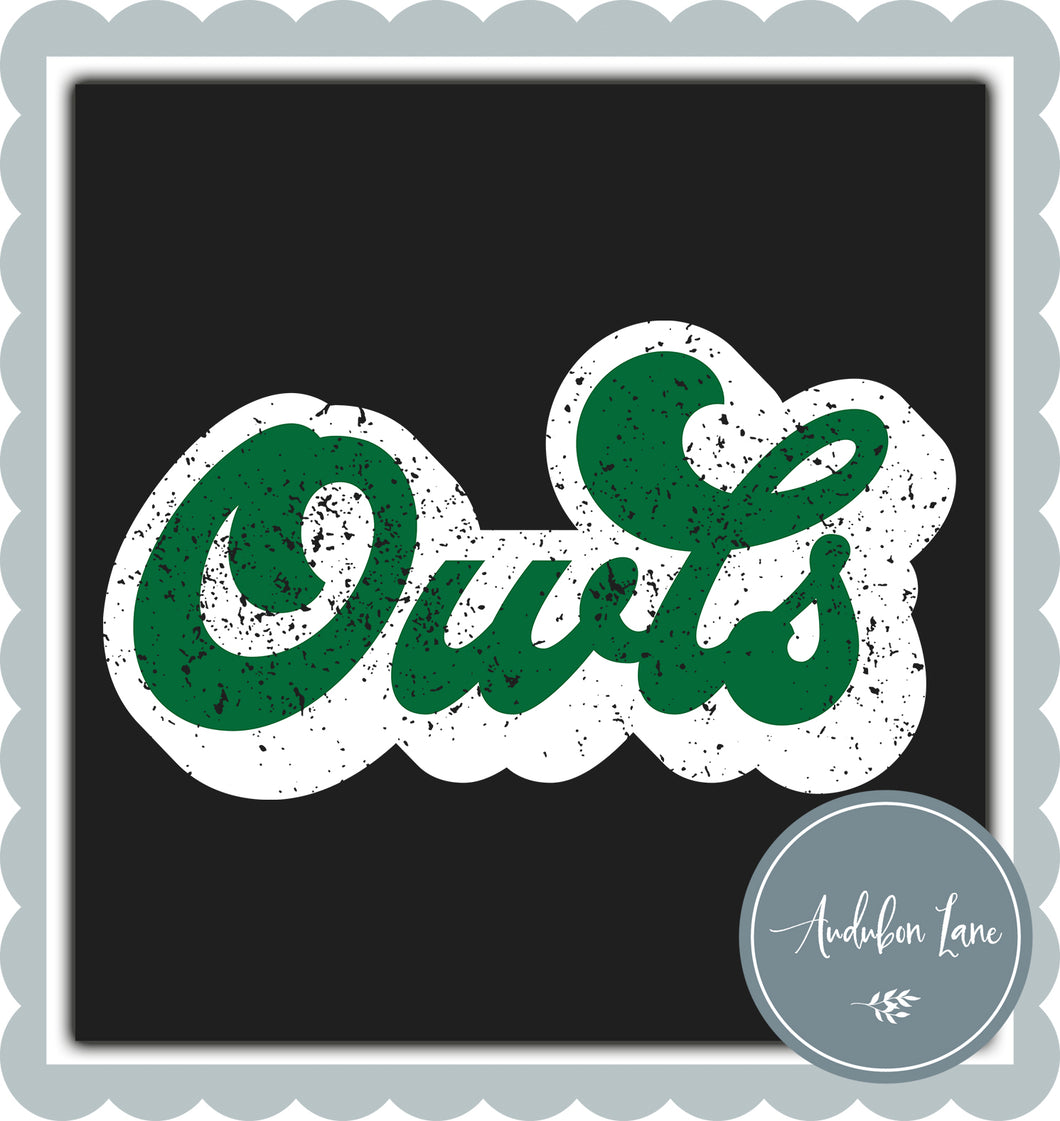 Owls Retro Distressed Green and White Print Ready To Press DTF Transfer Custom Colors Available On Request