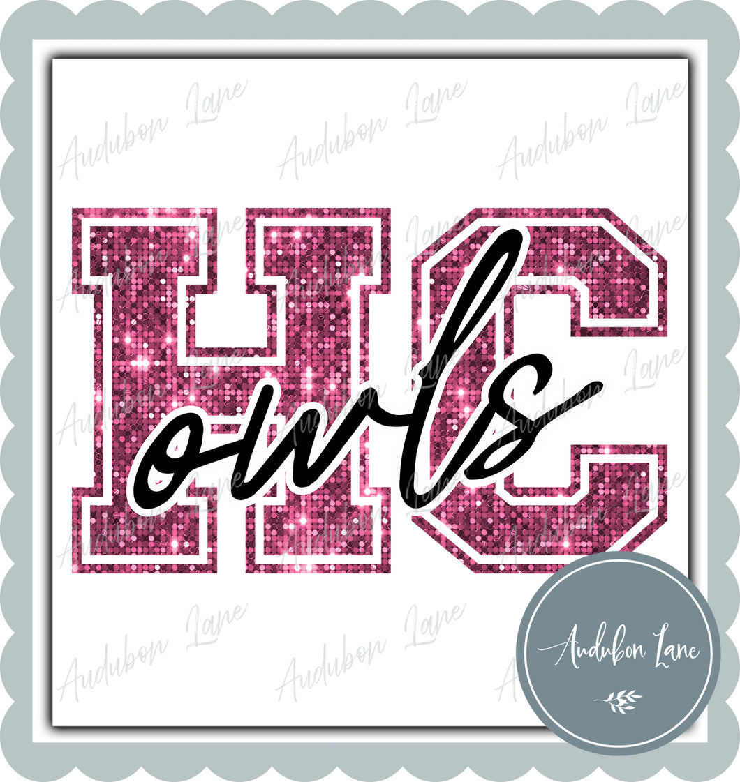 Owls with HC Breast Cancer Awareness Faux Pink Sequin Mascot Letter Ready to Press DTF Transfer Customs Available On Request