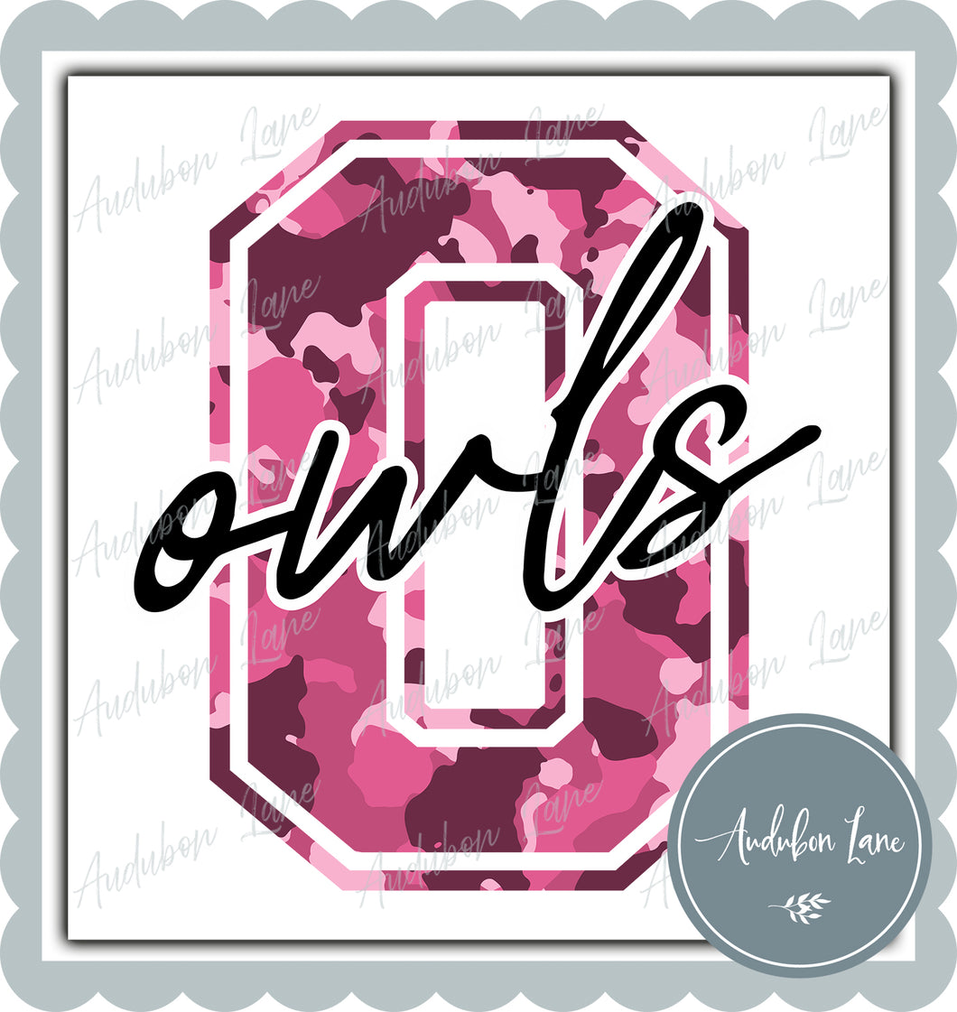 Owls Breast Cancer Awareness Pink Camo Mascot Letter Ready to Press DTF Transfer Customs Available On Request
