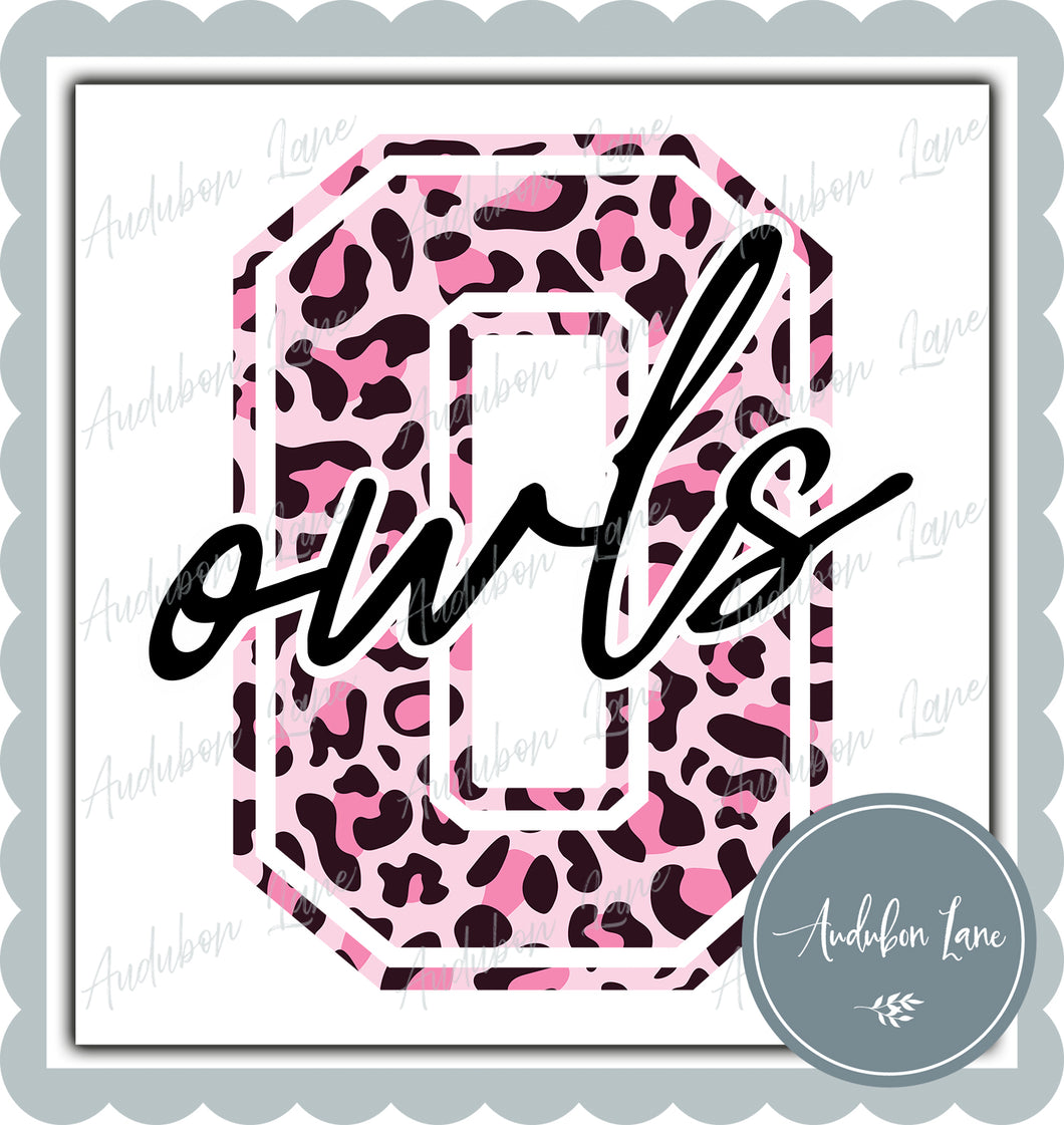 Owls Breast Cancer Awareness Pink Leopard Mascot Letter Ready to Press DTF Transfer Customs Available On Request