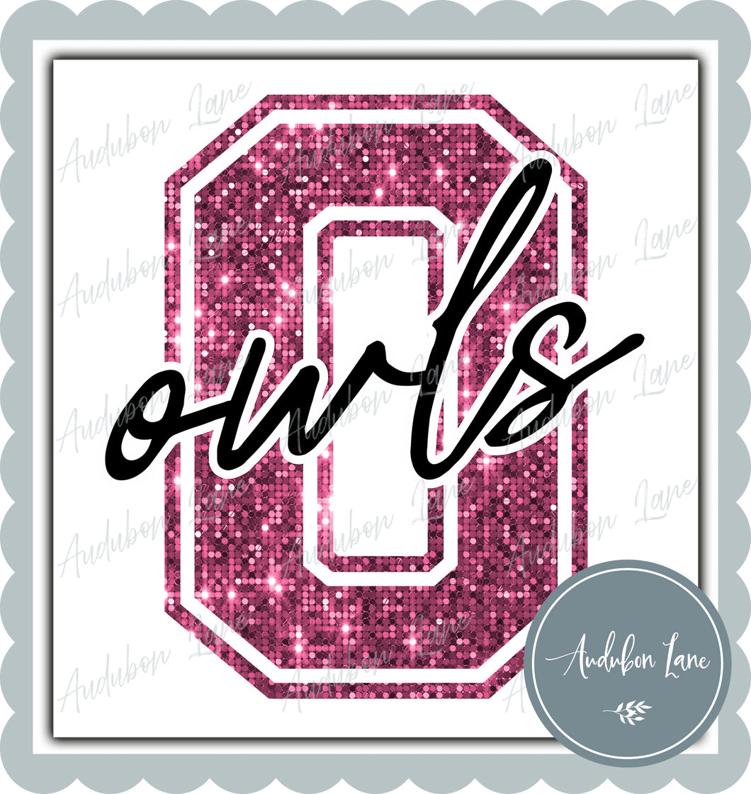 Owls Breast Cancer Awareness Faux Pink Sequin Mascot Letter Ready to Press DTF Transfer Customs Available On Request