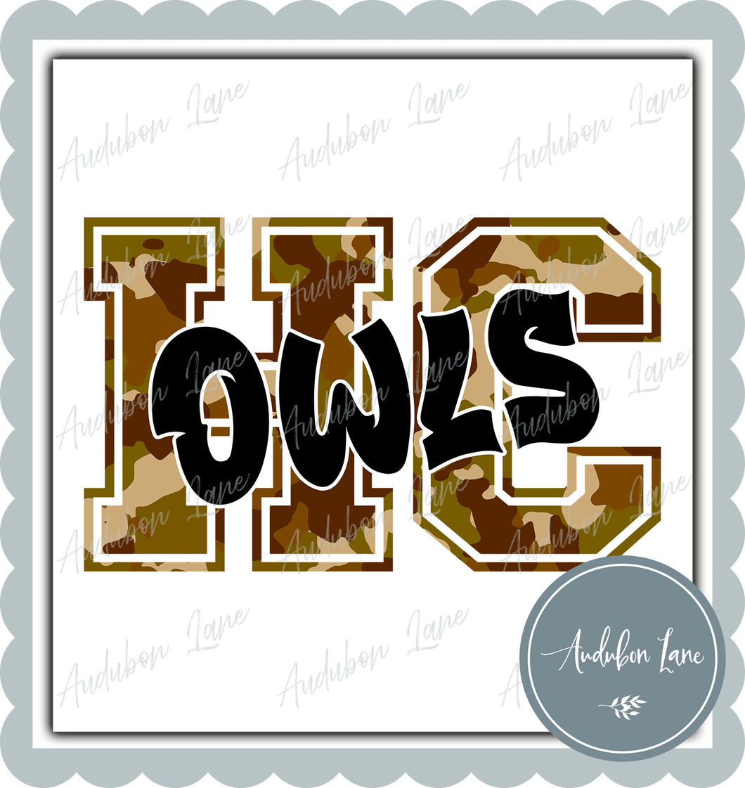 Owls with HC Old School Camo Mascot Letter Ready to Press DTF Transfer Customs Available On Request