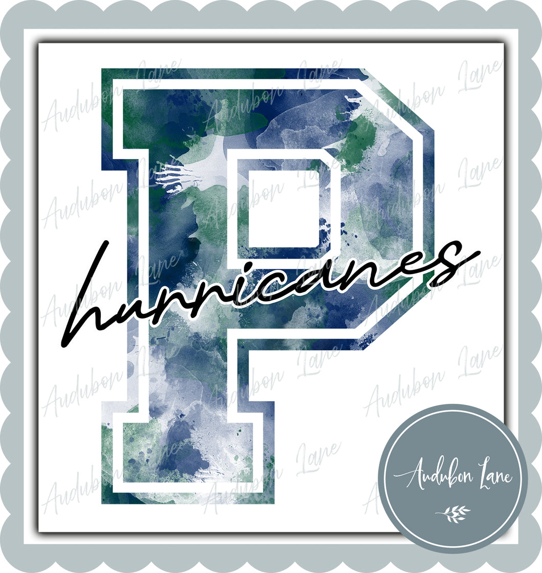 Hurricanes With Letter P 2 Tone Watercolor Team Mascot Navy and Green Letter Ready to Press DTF Transfer Custom Mascots Available On Request