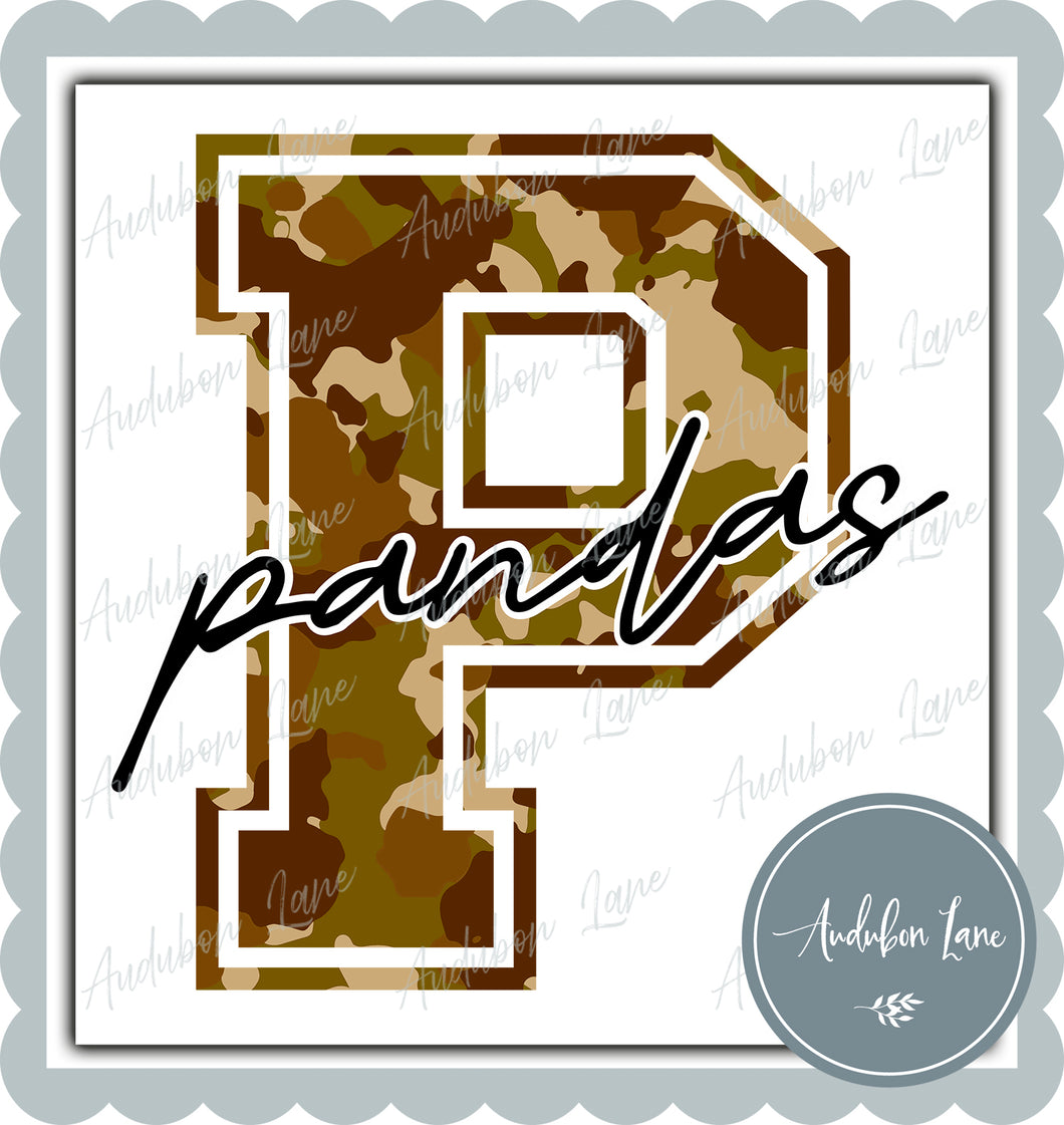 Pandas Old School Camo Mascot Letter Ready to Press DTF Transfer Customs Available On Request