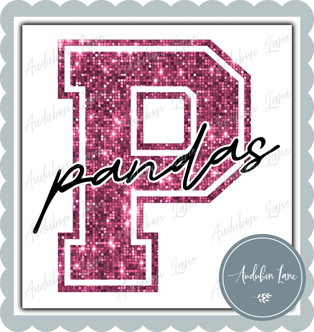 Pandas Breast Cancer Awareness Faux Pink Sequin Mascot Letter Ready to Press DTF Transfer Customs Available On Request