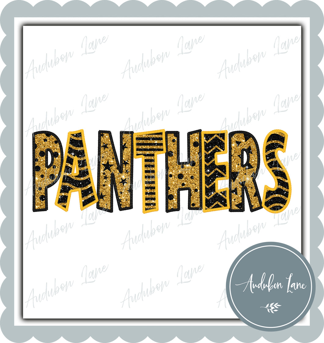 Panthers Straight Across Faux Yellow Gold Glitter and Black Embroidery With Shapes Ready To Press DTF Transfer Custom Colors Available On Request