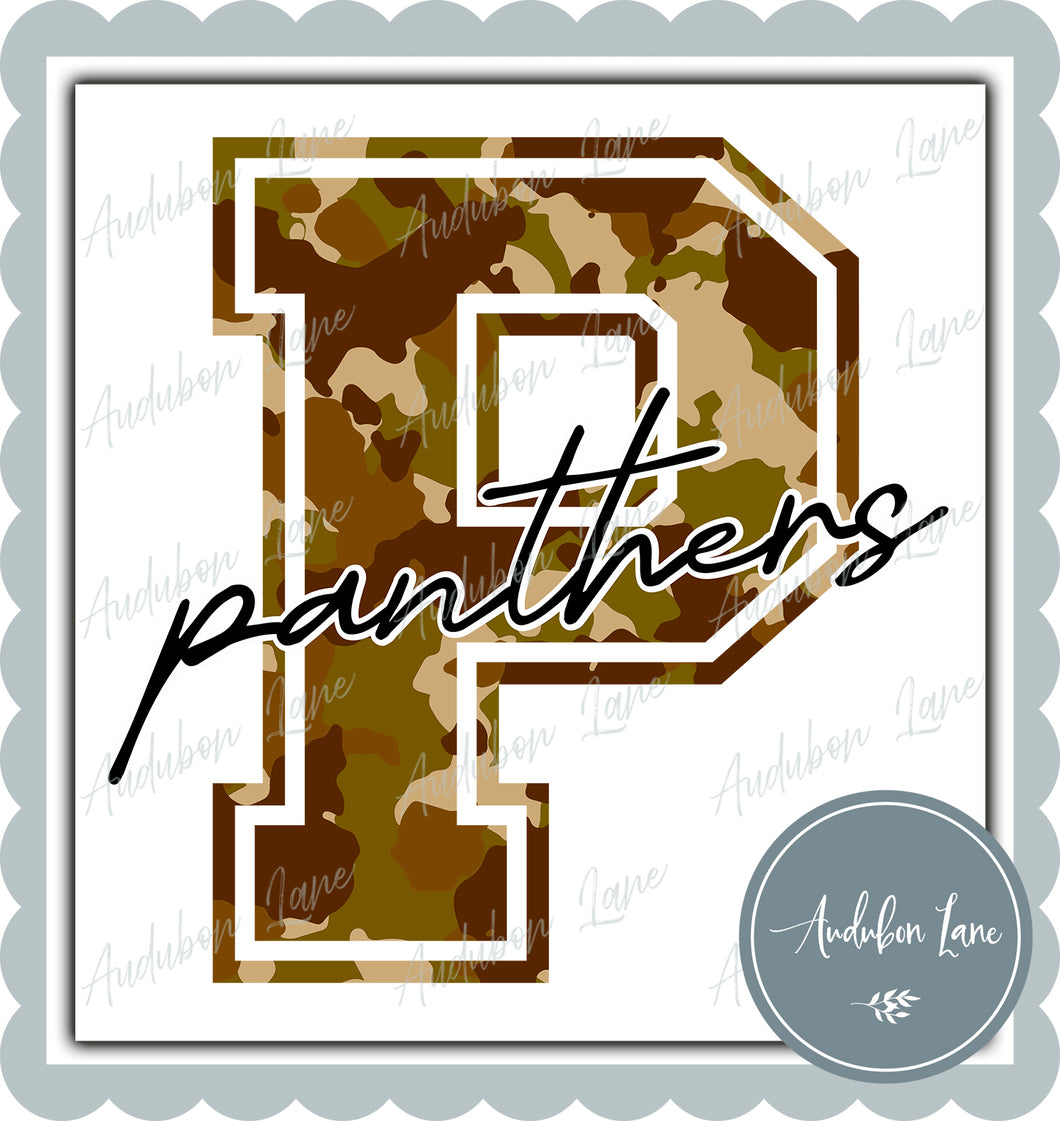 Panthers Old School Camo Mascot Letter Ready to Press DTF Transfer Customs Available On Request