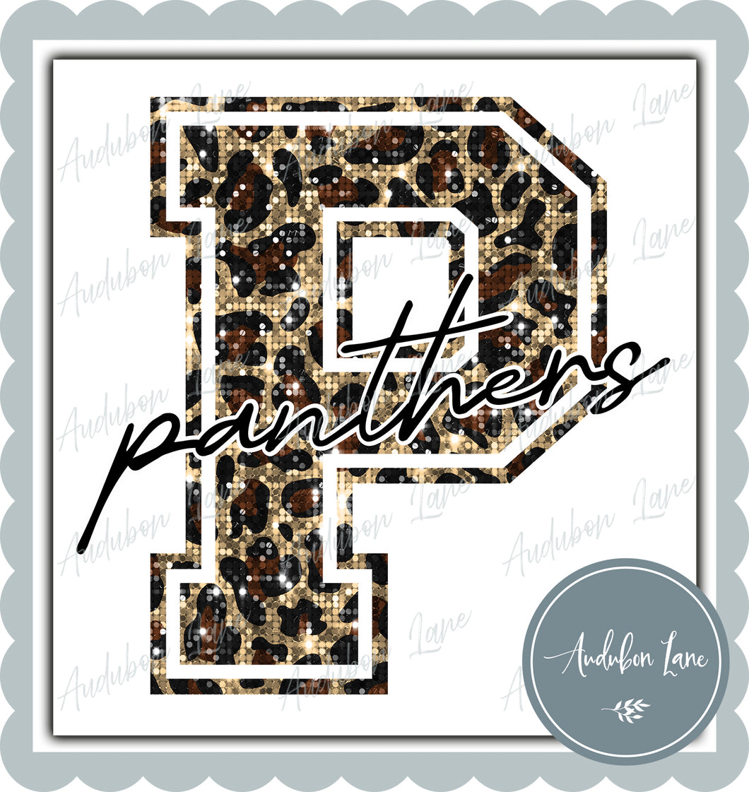 Panthers Sequin Leopard Mascot Letter Ready to Press DTF Transfer Customs Available On Request